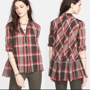 Free People Women's‎ Peppy in Plaid Button Up High Low Ruffle Tunic Top XS
